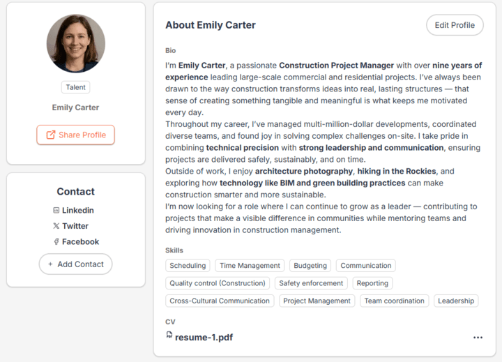 Skill gap dashboard with recommended PDP and job matches.