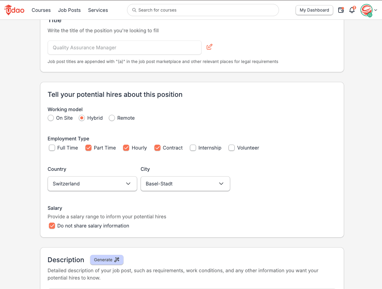Job post creation interface.